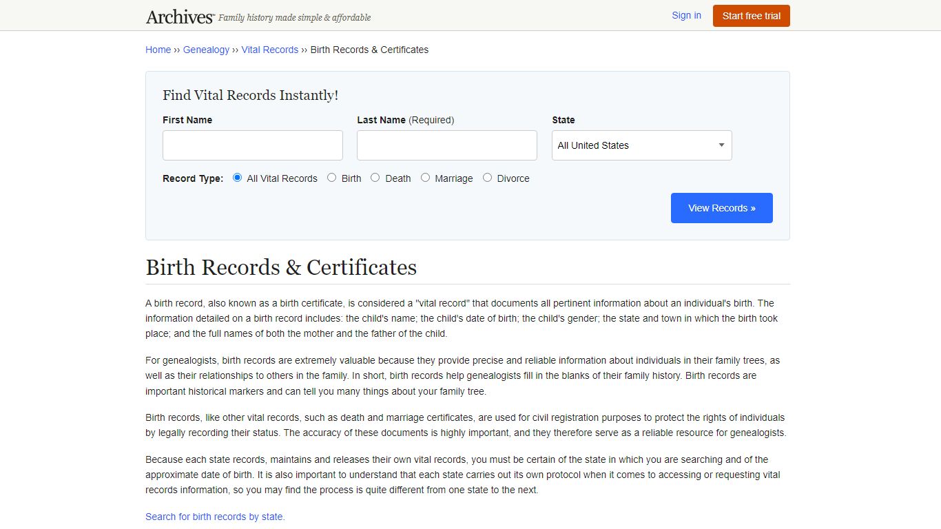 Birth Records & Certificate Index | Vital Record Searches - Archives.com